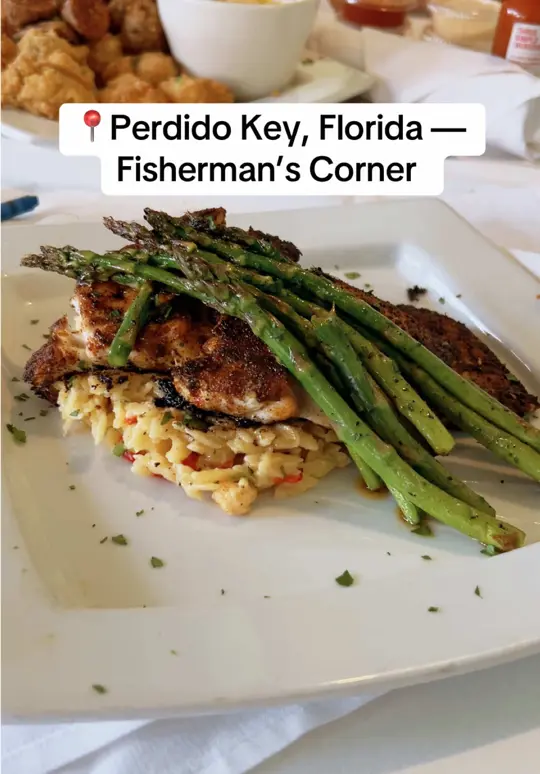Fisherman's Corner in Pensacola showing food, smoky tuna dip, gumbo, blackened snapper special, crawfish orzo, fried seafood platter, bread pudding, video by theemeraldcoastcrew on TikTok