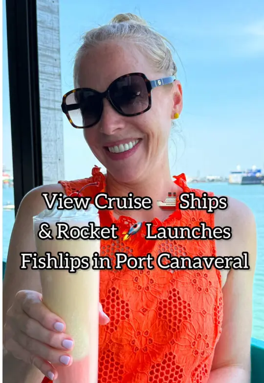 Fishlips Waterfront Bar & Grill in Port Canaveral showing waterside restaurant, mahi tacos, pina colada, cruise ships, rocket launches, video by darleynewman on TikTok