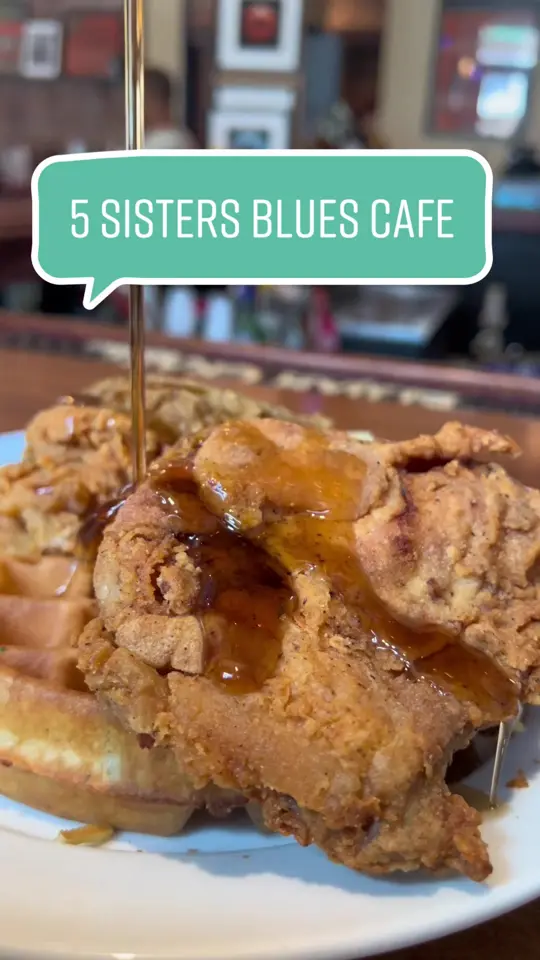 Five Sisters Blues Cafe in Pensacola showing food, chicken and waffles, video by whereisbrennan on TikTok