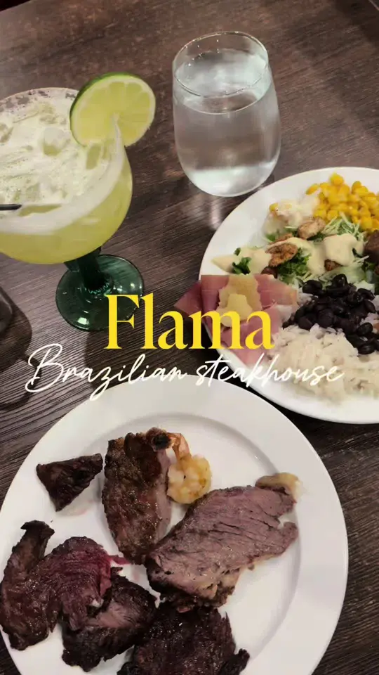 Flama Brazilian Steakhouse in Homestead showing food, picanha, filet mignon, lamb chops, grilled shrimp, cheese bread, video by aimeeascending on TikTok