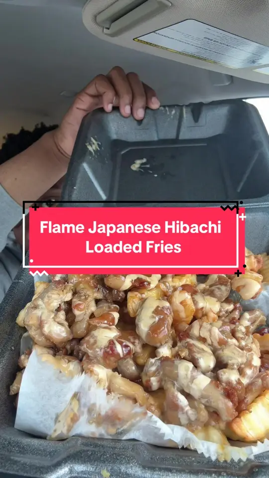 Flame Japanese Hibachi in Tamarac showing food, loaded teriyaki fries, video by jamareatz on TikTok