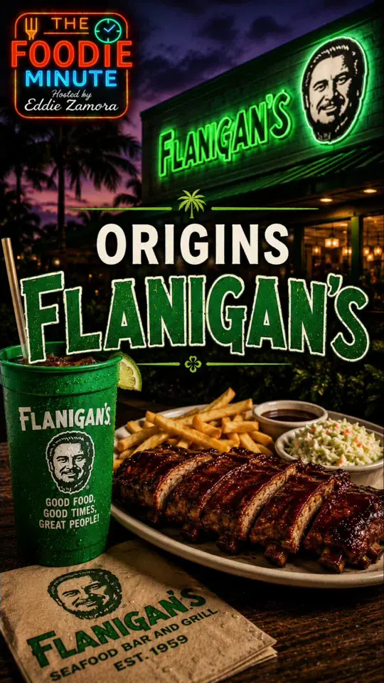 Flanigan's Seafood Bar and Grill in Miami showing history, rib rolls, green cups, baby back ribs, dolphin fingers, video by theyumyumfoodie on TikTok