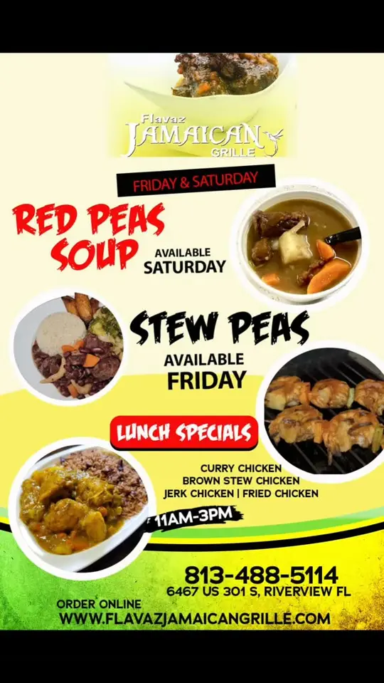 Flavaz Jamaican Grille in Riverview showing food, stew peas, red peas soup, curry chicken, brown stew chicken, jerk chicken, fried chicken, video by Flavaz Jamaican Grille on Facebook