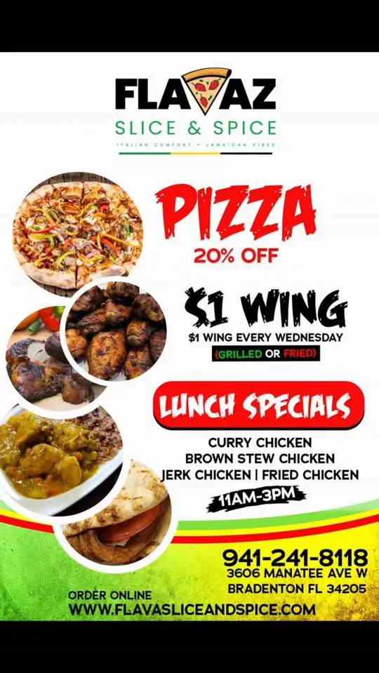  in Florida showing pizza, wings, jerk chicken, curry chicken, brown stew chicken, fried chicken, video by Flavaz Slice & Spice on Facebook