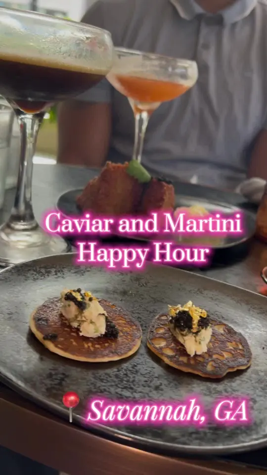 Fleeting in Savannah showing food, caviar bites, drink, espresso martini, happy hour, video by shebeeatinn on TikTok
