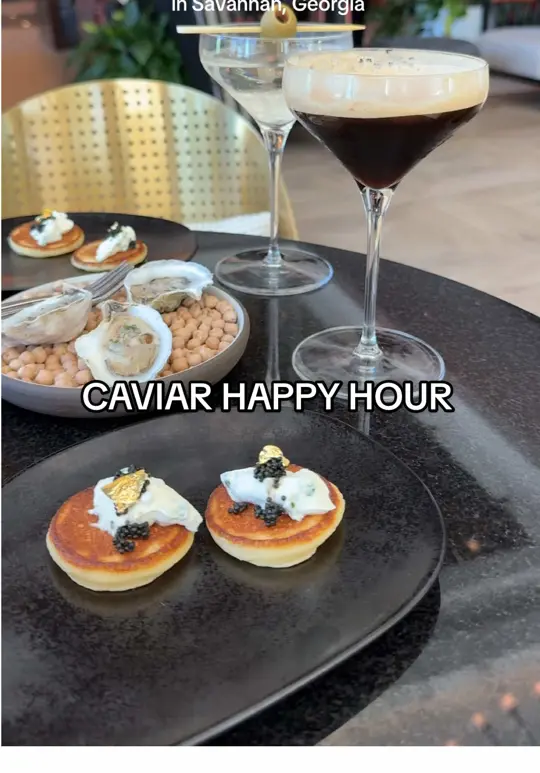 Fleeting in Savannah showing cocktail, espresso martini, cocktail, dirty martini, food, caviar bump, food, raw oysters, food, roasted oysters, live music, live piano performances, video by thelongweekender on TikTok