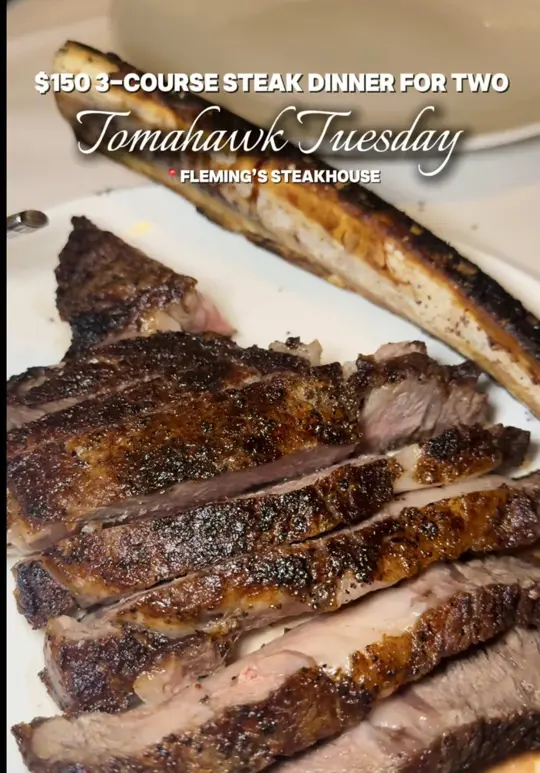 Fleming's Prime Steakhouse & Wine Bar in Miami showing review, tomahawk steak dinner, 3-course meal, video by kaymarie023 on TikTok