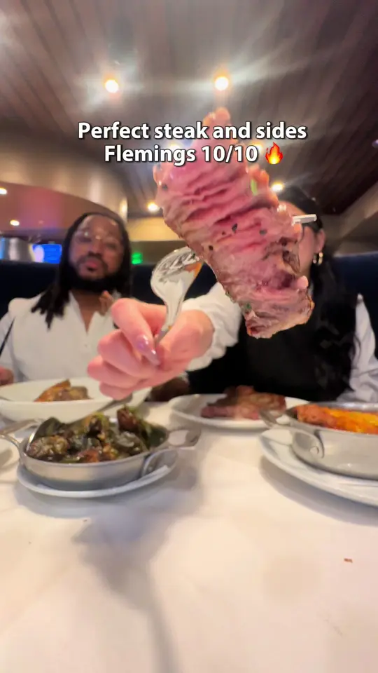 Fleming's Prime Steakhouse & Wine Bar in Miami showing review, prime dry aged ribeye, brussel sprouts, gratin potatos, chocolate cake, video by tiffphu on TikTok