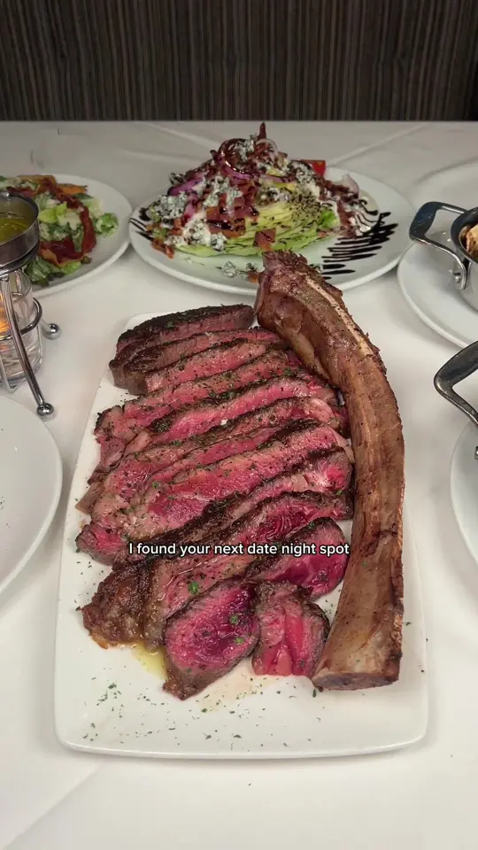 Fleming’s Prime Steakhouse & Wine Bar in Atlanta showing dinner, 3-course meal, tomahawk steak, prime tomahawk, date night, video by explorewithgg on TikTok