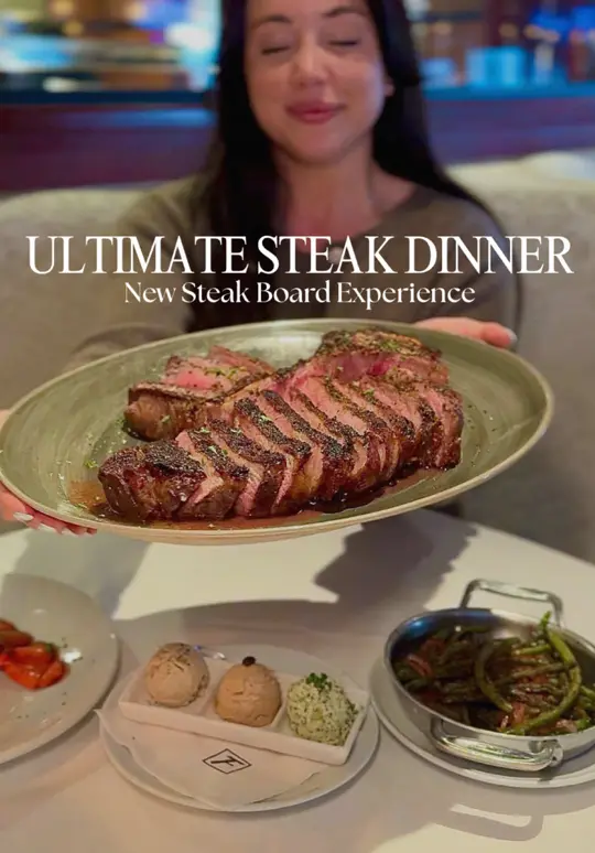 Fleming’s Prime Steakhouse & Wine Bar in Atlanta showing steakhouse, dinner, 34oz sliced porterhouse steak, white french salad, video by whatericacraves on TikTok