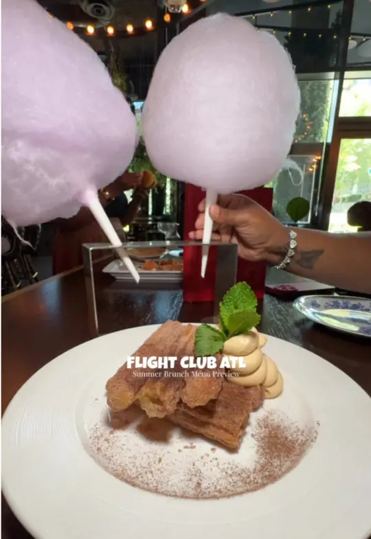 Flight Club Atlanta in Atlanta showing brunch, smoked salmon flatbread, churros, avocado toast, fruit plates, breakfast sliders, espresso martinis, mimosas, video by dresslikeagent on TikTok