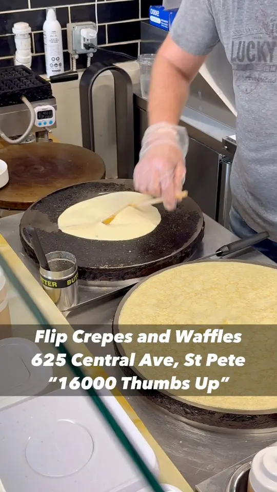 Flip Crêperie & Waffles Café in St. Petersburg showing review, crepes, waffles, video by Loving St Pete on Facebook