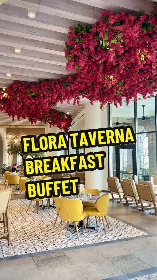 Flora Taverna in Orlando showing breakfast buffet, pastries, fresh fruit, cheese & charcuterie, bacon, sausage, video by briantreks on TikTok