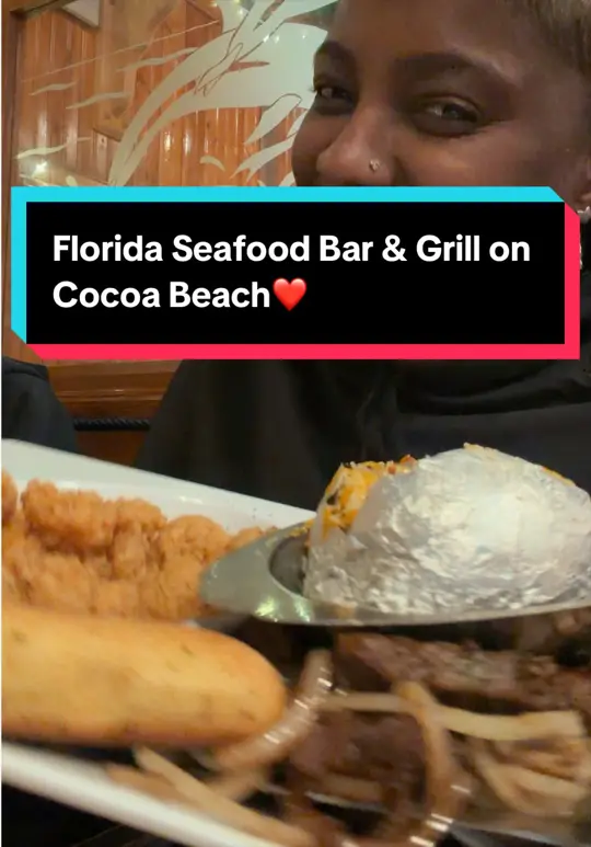 Florida's Seafood Bar & Grill in Cocoa Beach showing food, steak tips, sweet white shrimp, rock shrimp, video by jewelsdailydose3 on TikTok
