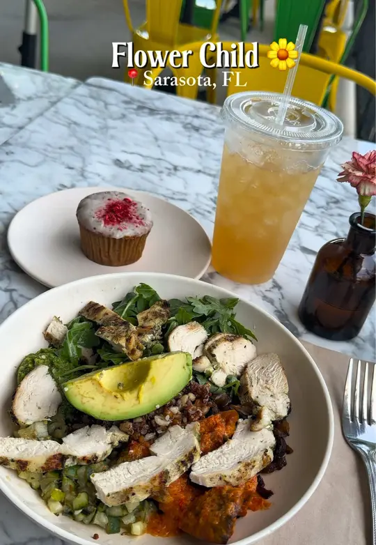 Flower Child in Sarasota showing food, mother earth bowl, strawberry cupcake, review, video by secretsofsrq on TikTok