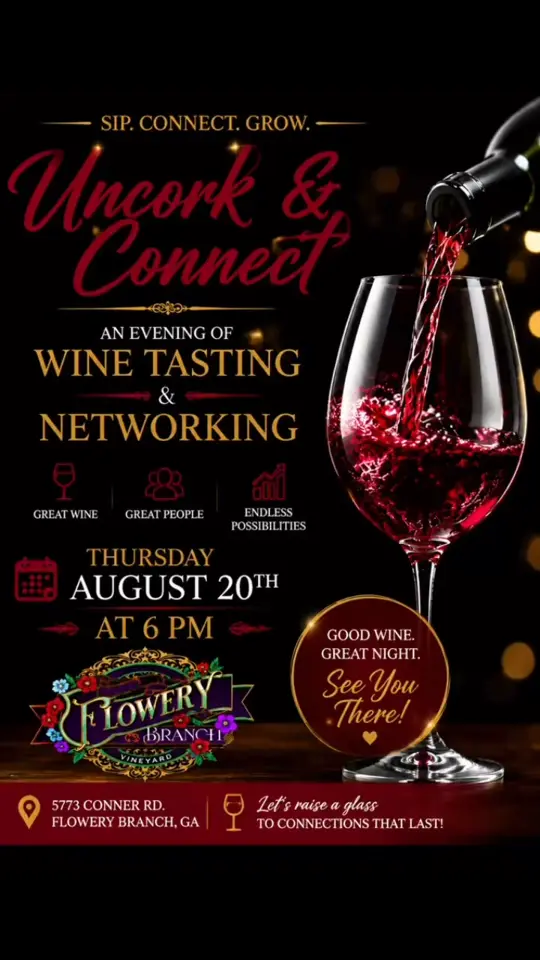 Flowery Branch Winery and Vineyard in Flowery Branch showing wine tasting, networking event, video by Buford Business Alliance on Facebook