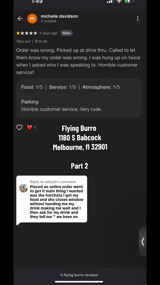 Flying Burro in Melbourne showing review, rude staff, customer service complaint, video by lataurusreal on TikTok