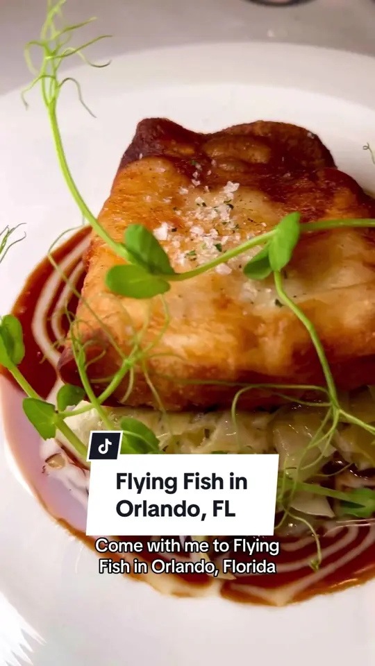 Flying Fish in Orlando showing restaurant visit, ny strip steak, potato crusted red snapper, date night, video by christinainitalia on TikTok