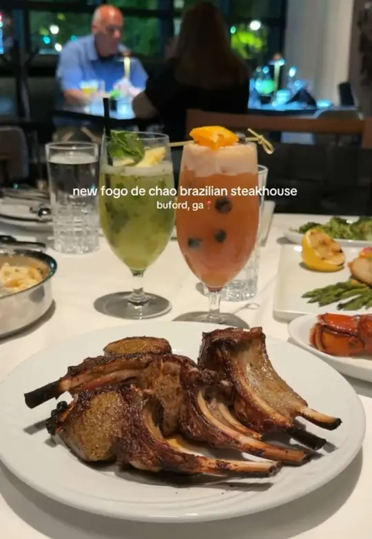 Fogo de Chão Brazilian Steakhouse in Buford showing all you can eat churrasco, tableside cuts, market table, video by tasteatl on TikTok