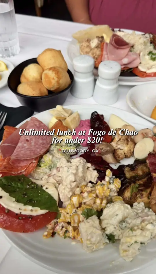Fogo de Chão Brazilian Steakhouse in Dunwoody showing food, market table, feijoada bar, salads, fruit, charcuterie, soup, video by peachstatepanda on TikTok