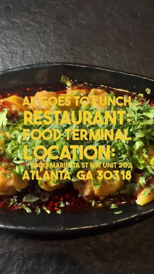 Food Terminal in Atlanta showing food, ginger soda, peach raspberry ice cream smoothie, szechuan dumplings with pork and shrimp, roasted green chicken noodle soup with curry broth, video by iamnotthemask on TikTok