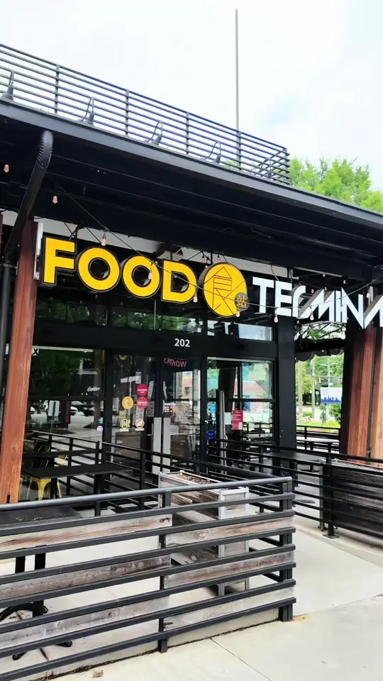 Food Terminal in Atlanta showing review, braised beef noodle soup, wings, satay skewers, video by grace.jjang on TikTok