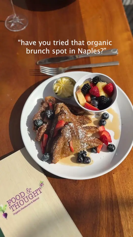  in Florida showing brunch menu, organic food, fresh-squeezed juices, cocktails, mocktails, live music, video by Food and Thought 2 on Facebook