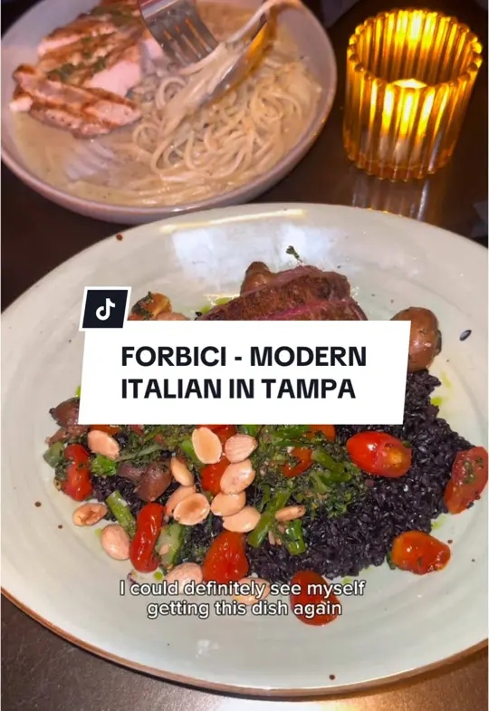 Forbici in Tampa showing review, visit, food, suppli, sano with steak, cacio e pepe, house-made tiramisu, video by innythefoodie on TikTok