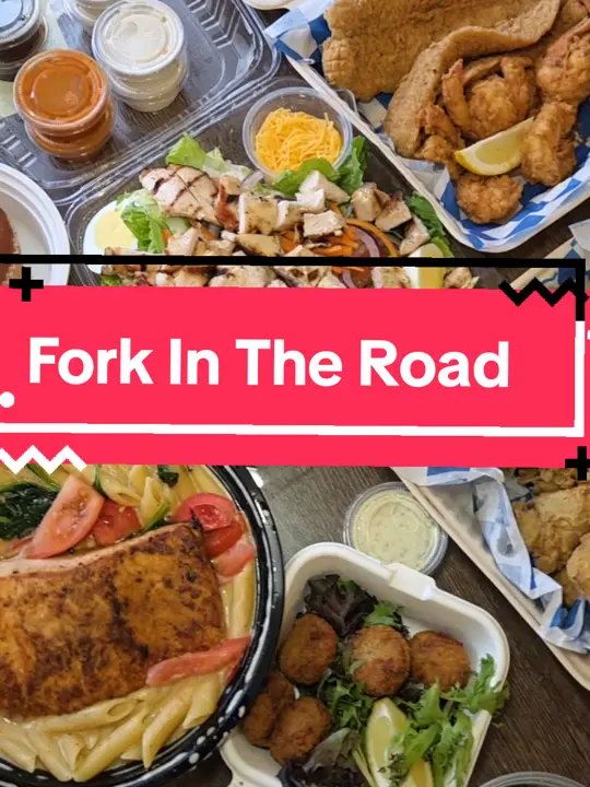 Fork in the Road in Tucker showing food, catfish & shrimp combo, grilled chicken salad, video by antlantaeats on TikTok