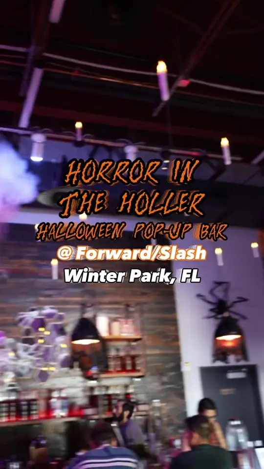 Forward Slash Distillery & Blending House in Winter Park showing cocktail, pumpkin spice espresso martini, cocktail, the apparition, cocktail, the romero, halloween pop-up bar, video by sunshineandkeylimeblog on TikTok