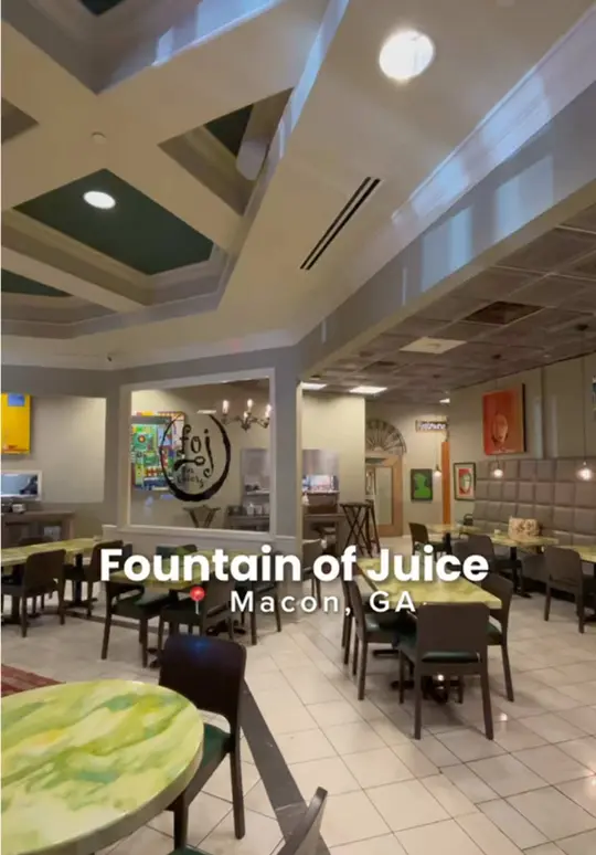 Fountain of Juice in Macon showing food, fried goat cheese balls, food, shrimp and lobster nachos, food, hot honey chicken sandwich, food, tres leche cake, drink, the detox smoothie, video by marleamarshey on TikTok