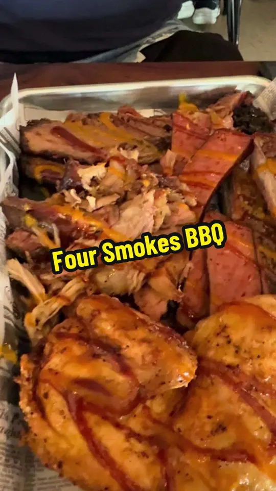 Four Smokes BBQ in Ocala showing review, tender meat, flavorful meat, sides, greens, video by fladventureswithkelsi on TikTok