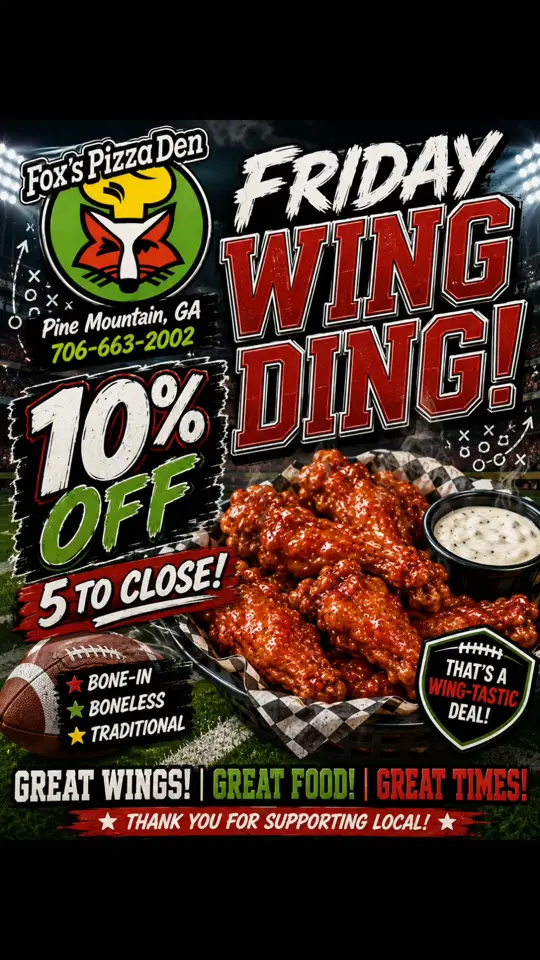 Fox's Pizza in Pine Mountain showing wing ding friday, wings, video by Foxs Pizza Den Pine Mountain Ga on Facebook