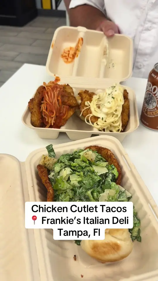 Frankie's Italian Deli Tpa in Riverview showing review, caesar salad, fettuccine alfredo, vodka pasta, chicken cutlet tacos, video by flylittleowl on TikTok