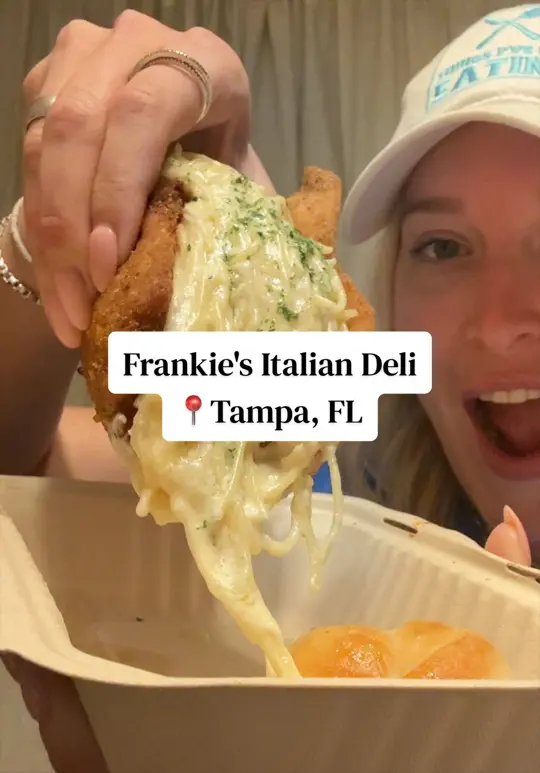 Frankie's Italian Deli Tpa in Riverview showing food review, chicken cutlet tacos, alfredo pasta taco, vodka pasta taco, caesar salad taco, burrata salad taco, video by thingsivebeeneating on TikTok