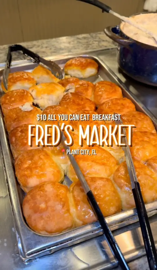 Fred's Market Restaurant in Plant City showing food, all-you-can-eat breakfast, video by Kaylan Marie on Facebook