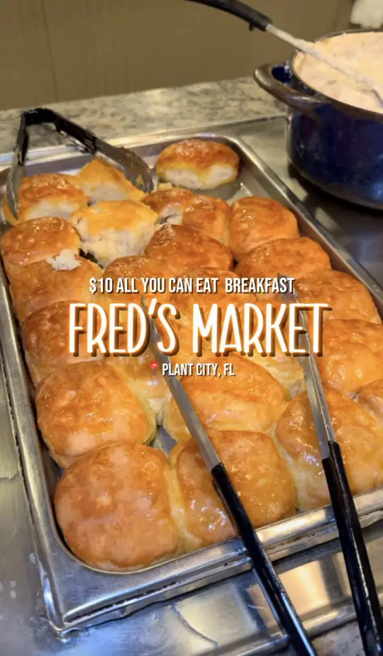 Fred's Market Restaurant in Riverview showing breakfast, all you can eat buffet, kids eat free promotion, video by kaymarie023 on TikTok