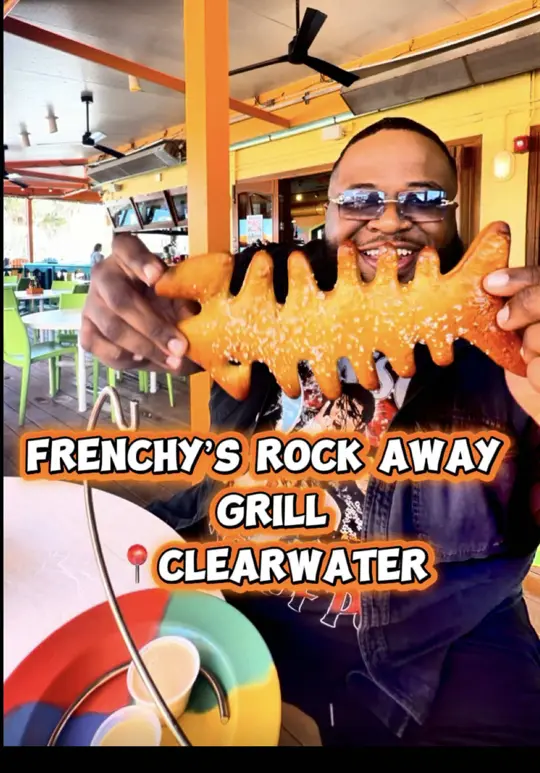 Frenchy's Rockaway Grill in Clearwater showing restaurant visit, fresh seafood, beach views, video by realbrandonsocial on TikTok