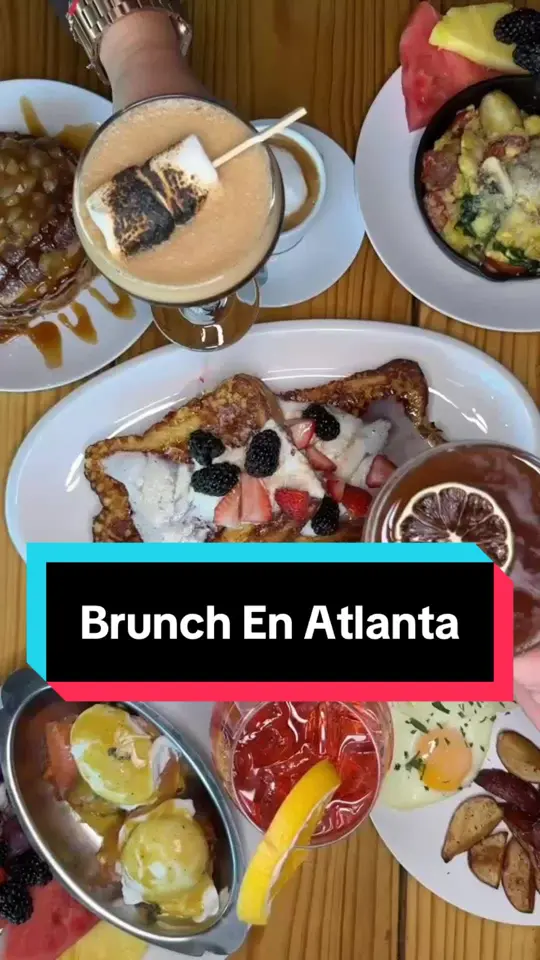 Fresca Trattoria in Stone Mountain showing brunch, eggs benedict with salmon, pancakes with cinnamon and apple, french toast with fruits, cocktails, coffee, video by marymatheustraveler on TikTok