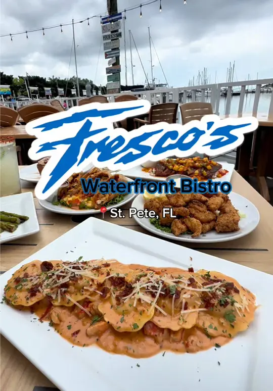 Fresco's Waterfront Bistro in St. Petersburg showing food, lobster bisque, yucatan spring rolls, grouper bites, lobster ravioli, redfish imperial, video by eatlocalflorida on TikTok