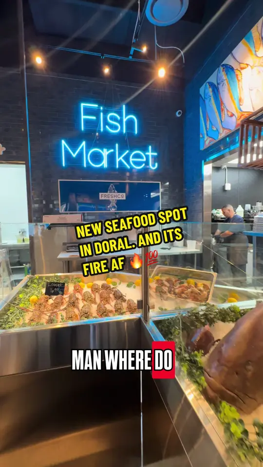 FreshCo Fish - Kendall in Miami showing restaurant visit, food review, new location announcement, menu items, caribbean crema shrimp, matacumbe style fish, bidibidi flan, coconut flan, video by lajamatv305 on TikTok