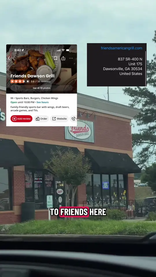 FRIENDS DAWSON GRILL in Dawsonville showing review, classic american bar food, bogo specials, trivia night, bingo night, patio, video by grxcelxly on TikTok