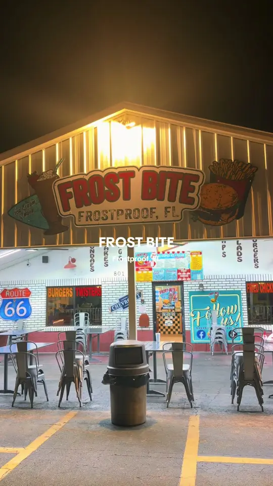 Frostbite Ice Cream & More in Frostproof showing ice cream, burgers, chicken basket, wraps, sundaes, milkshakes, video by good.travelvibes on TikTok