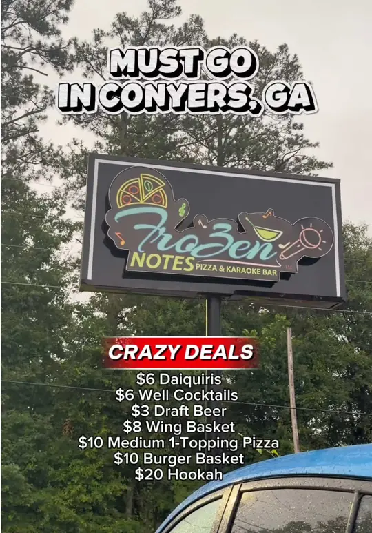 Frozen Notes Pizza & Karaoke Bar in Conyers showing karaoke, happy hour, dancing, video by rismonae on TikTok