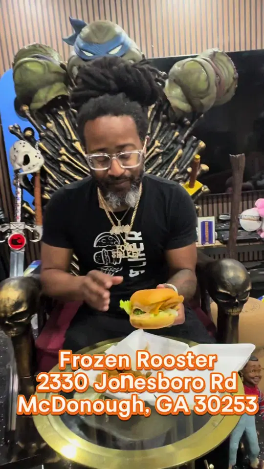 Frozen Rooster in McDonough showing sweet chili shrimp, garlic parmesan wings, honey hot lemon pepper whiting, catfish sandwich, peach drink, video by therealfoodstalker on TikTok