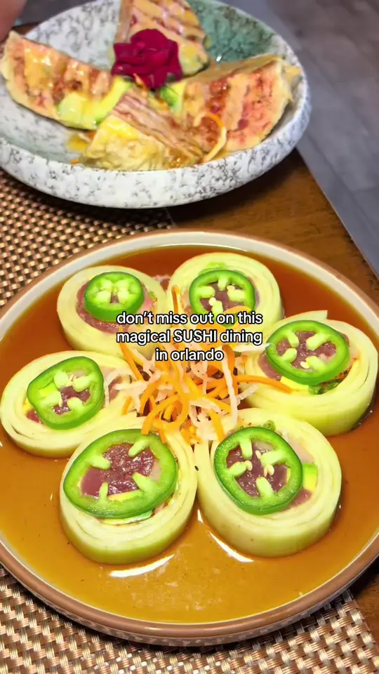 Fuji Sushi Japanese Cuisine in Altamonte Springs showing review, visit, appetizer, trio tiradito, entrée, sp roll, dessert, fuji bomb, iron man roll, video by destination_food on TikTok