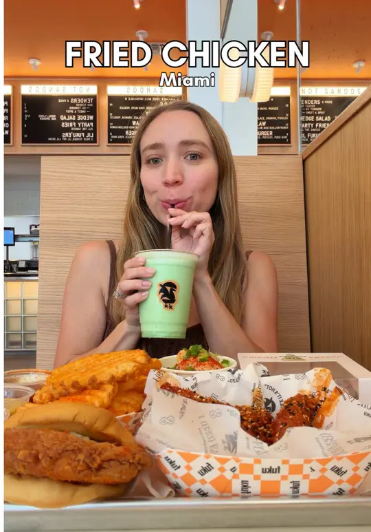 Fuku in Coral Gables showing fried chicken, crispy fried chicken, sauces, video by fluentinfood on TikTok