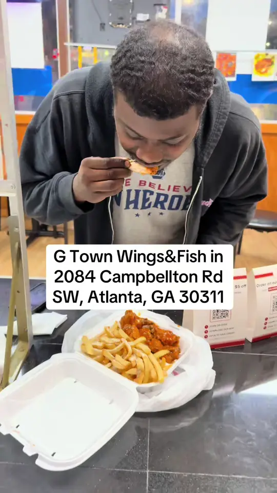 G Town Wings & Fish in Atlanta showing wings, fish, burgers, video by gtownwingsatl on TikTok
