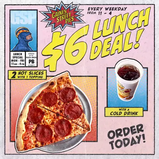 Gaines Street Pies in Tallahassee showing lunch specials, dine in, pick-up, video by Gaines Street Pies on Facebook