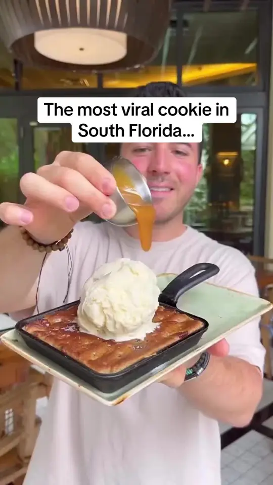 Galley at Hilton in Palm Beach showing dessert, salted caramel chocolate chip cookie skillet, video by thepalmbeaches on TikTok